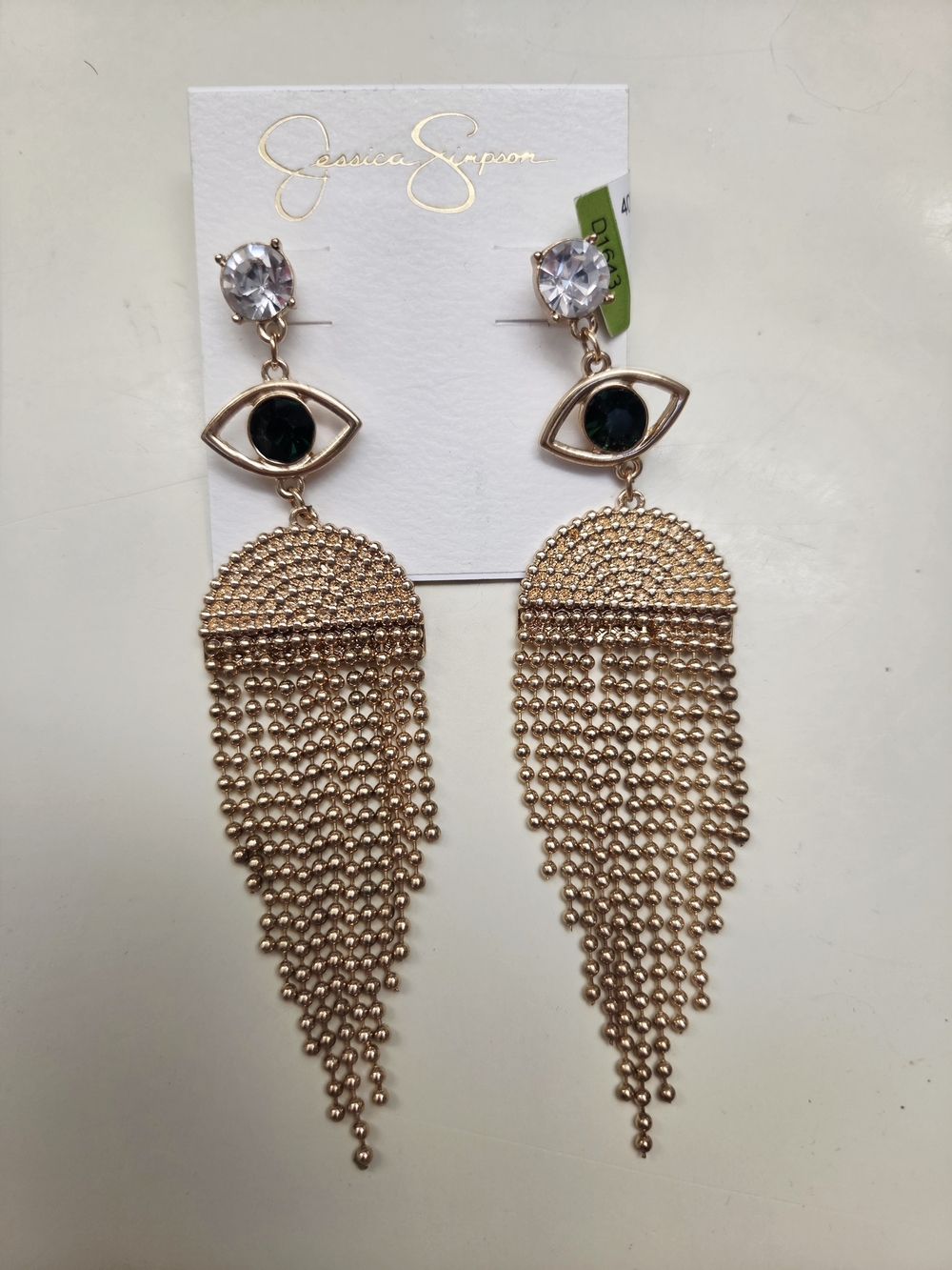 Jessica Simpson Gold Fringe Emerald Evil Eye Drop Earrings